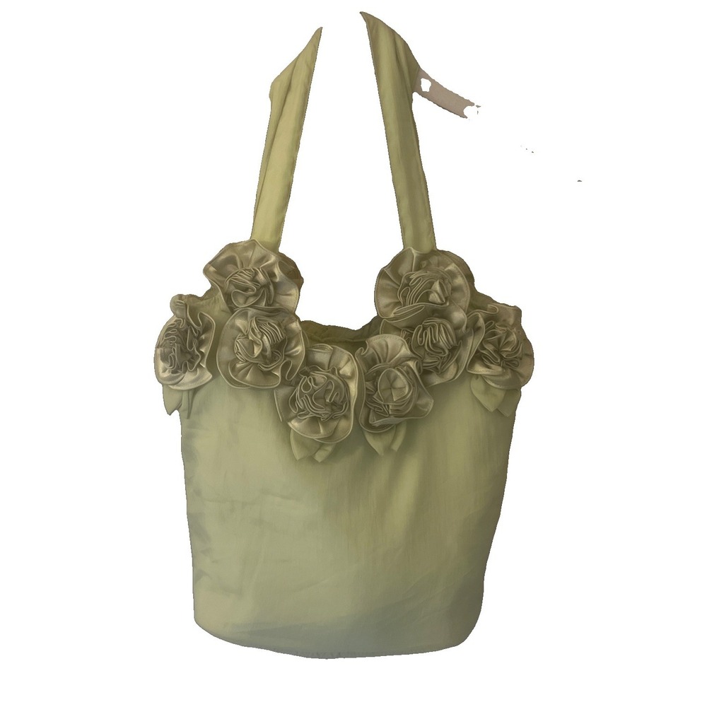 Women's Shoulder Bags Green Shiny Textile Floral Embellishment Ruffles New